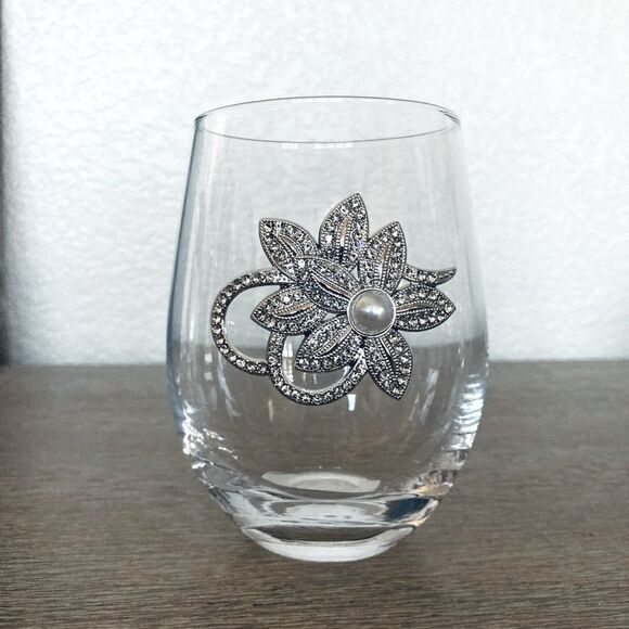 Silver Crystal Jeweled Stemless Wine Glass - Picture 1 of 3
